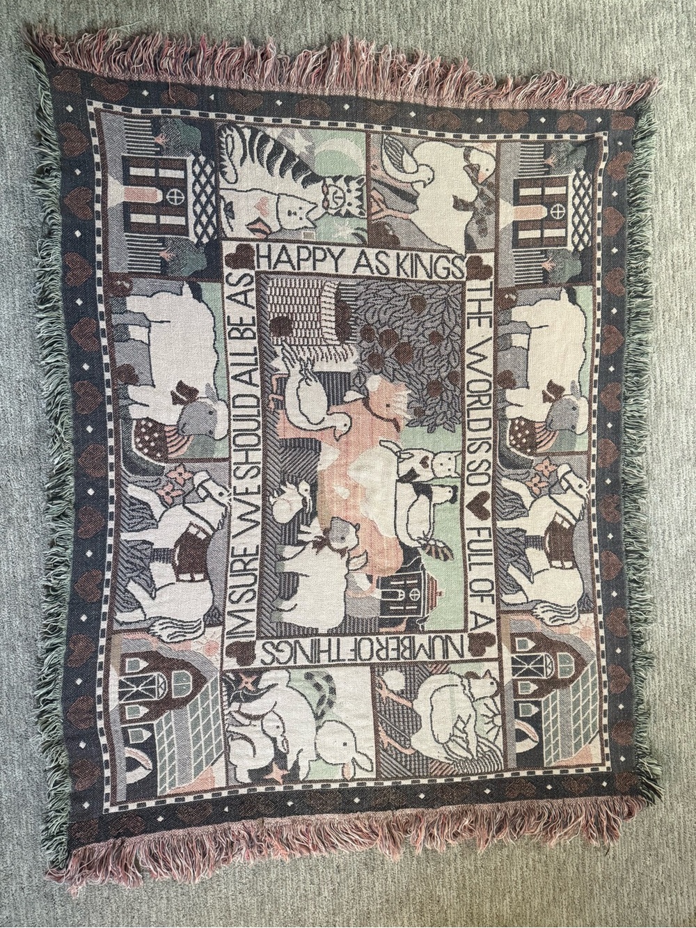 Vintage Farmhouse Woven Tapestry Throw Blanket Animals Folk Art 43 x 54